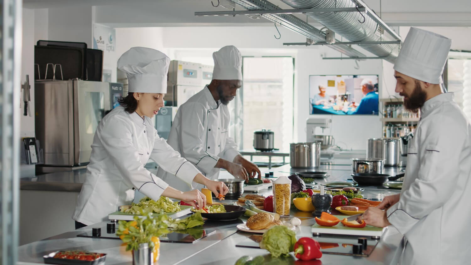 equipe-cuisiniers-coupant-legumes-planche-decouper-pour-preparation-repas-dans-cuisine-du-restaurant-homme-femme-cuisinant-plat-gastronomique-ingredients-biologiques-travaillant-recette-culinaire